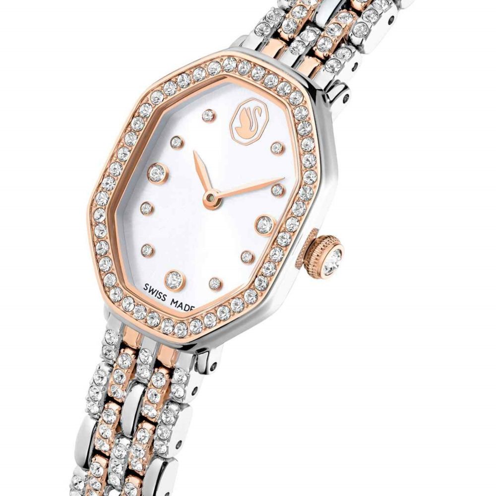 Luxury watch with rose gold and silver band on a white background