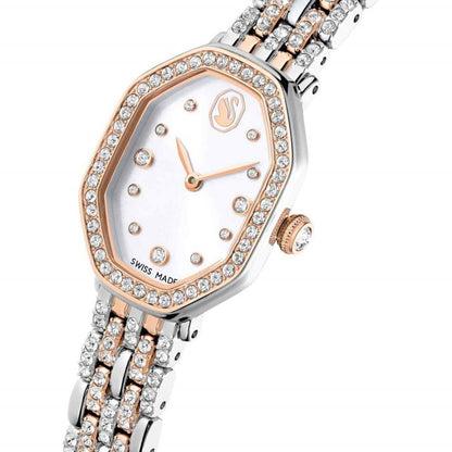 Luxury watch with rose gold and silver band on a white background