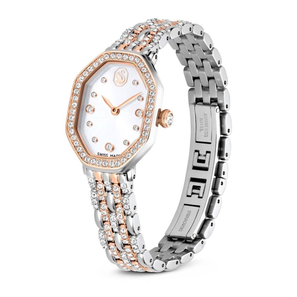Silver and rose gold watch with a white face on a white background