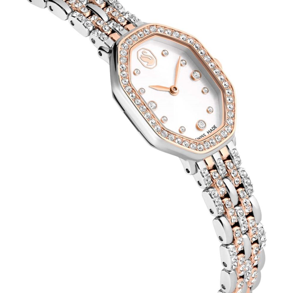 Silver and rose gold watch with diamond-studded bezel on a white background