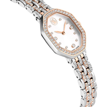 Silver and rose gold watch with diamond-studded bezel on a white background