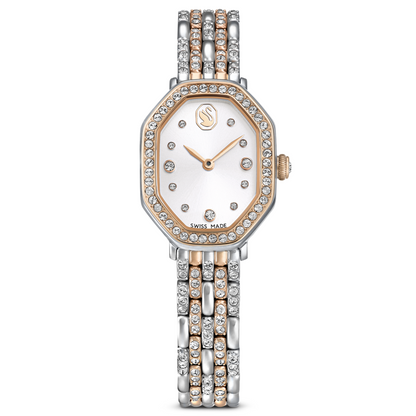 Luxury watch with a white face and rose gold accents on a white background