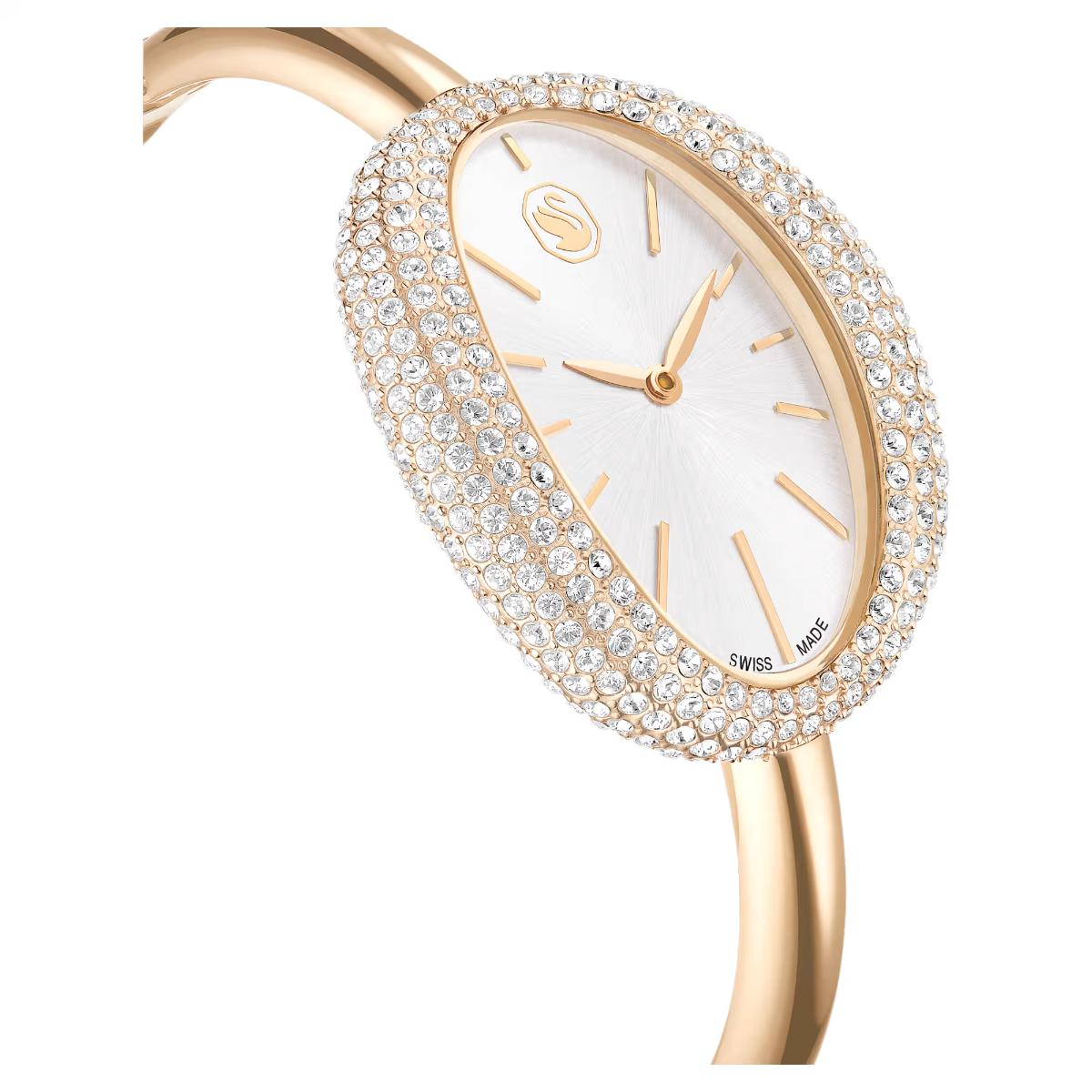Gold wristwatch with diamond-studded bezel on a white background