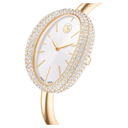 Gold wristwatch with crystal embellishments on a white background