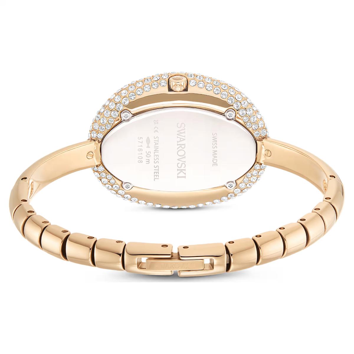 Gold bracelet with a white face on a white background