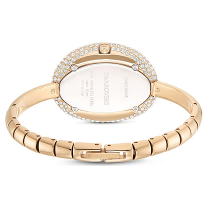 Gold bracelet with a white face on a white background