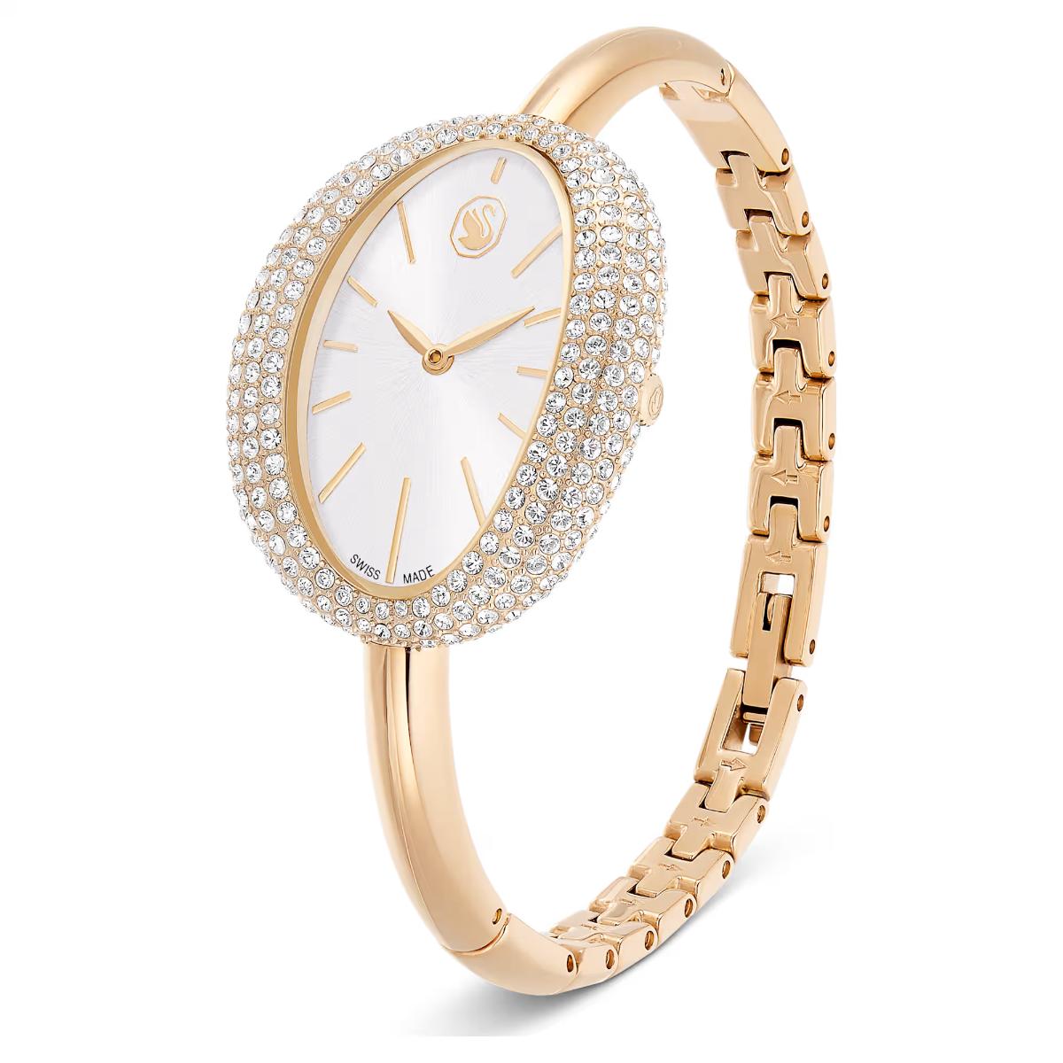 Gold wristwatch with diamond-studded bezel on a white background