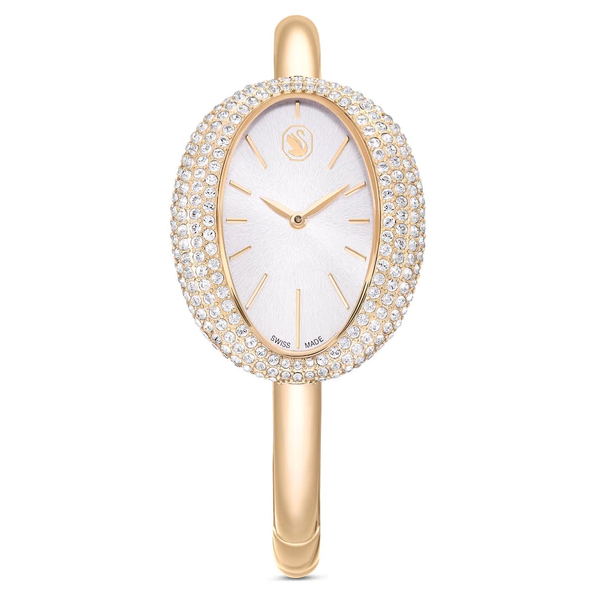 Gold wristwatch with a decorative casing on a white background