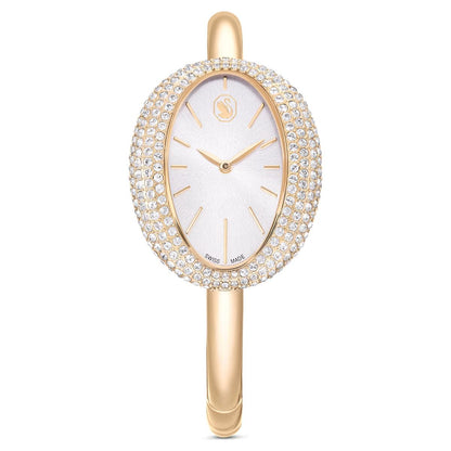 Gold wristwatch with a decorative casing on a white background