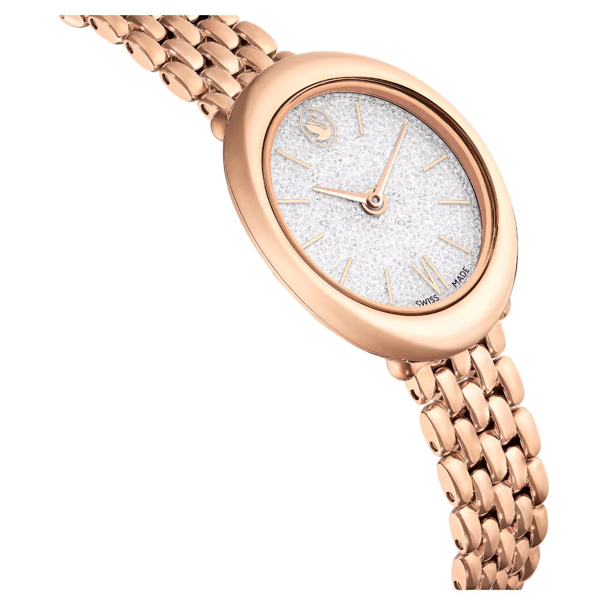 Rose gold watch with a white face on a white background