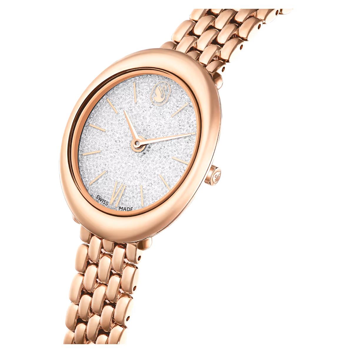 Rose gold watch with a white face on a white background