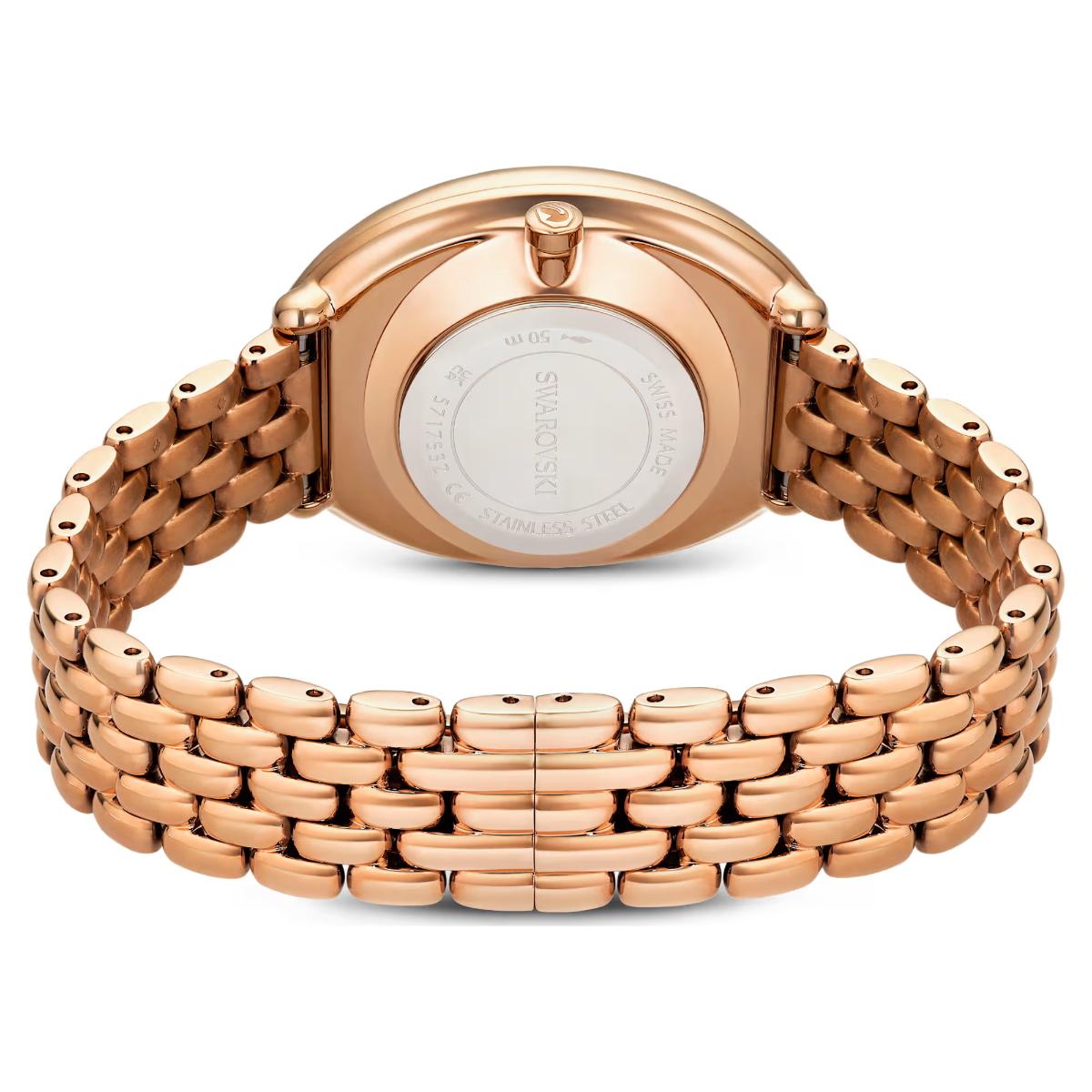 Rose gold watch with a detailed bracelet on a white background