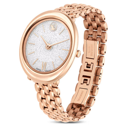 Rose gold watch with a detailed face on a white background