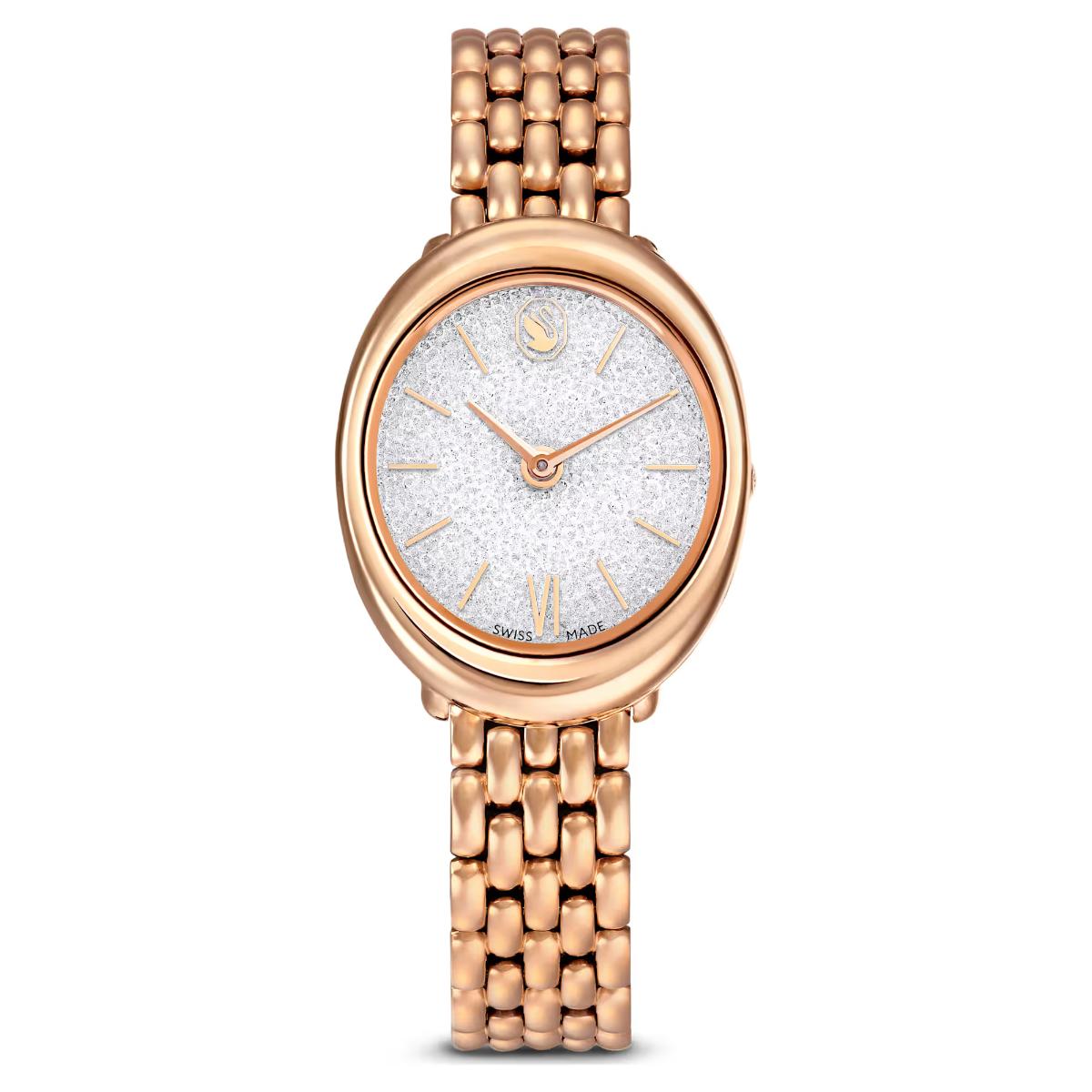 Rose gold watch with a sparkling face on a white background