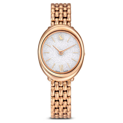 Rose gold watch with a sparkling face on a white background