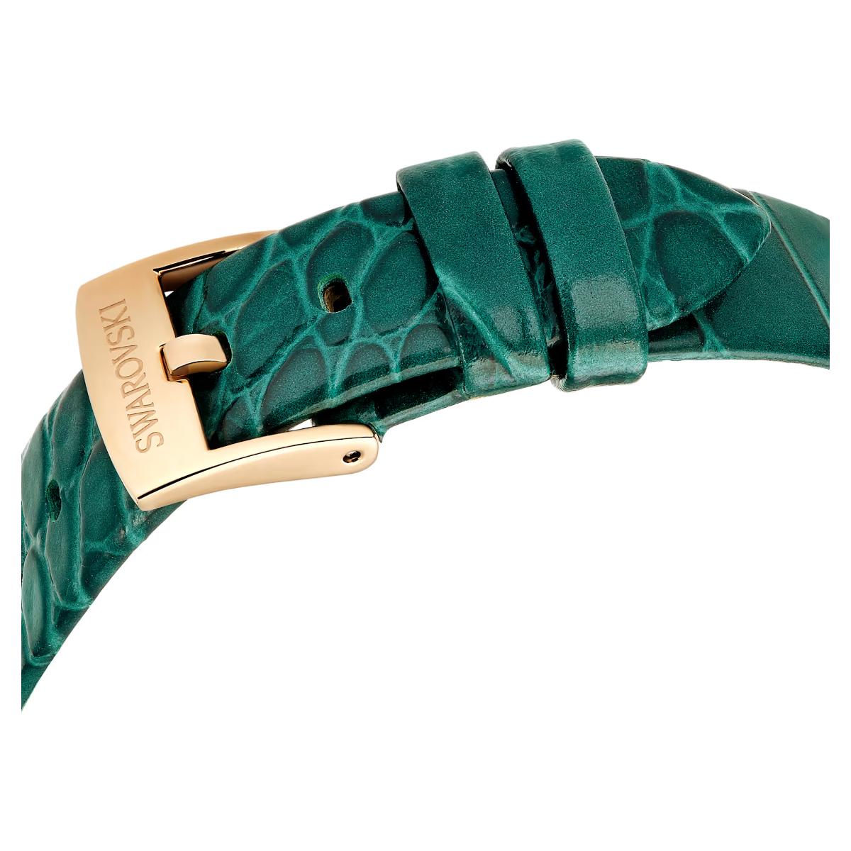 Green watch strap with gold buckle on a white background