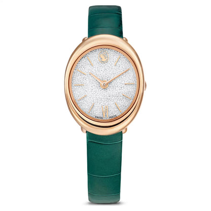 Watch with green strap and rose gold case on white background