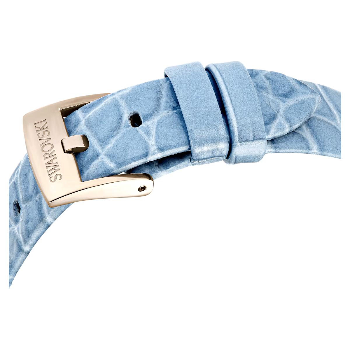 Blue patterned watch strap with gold buckle on a white background