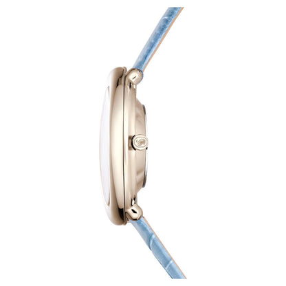 Close-up of a watch with a blue strap on a white background