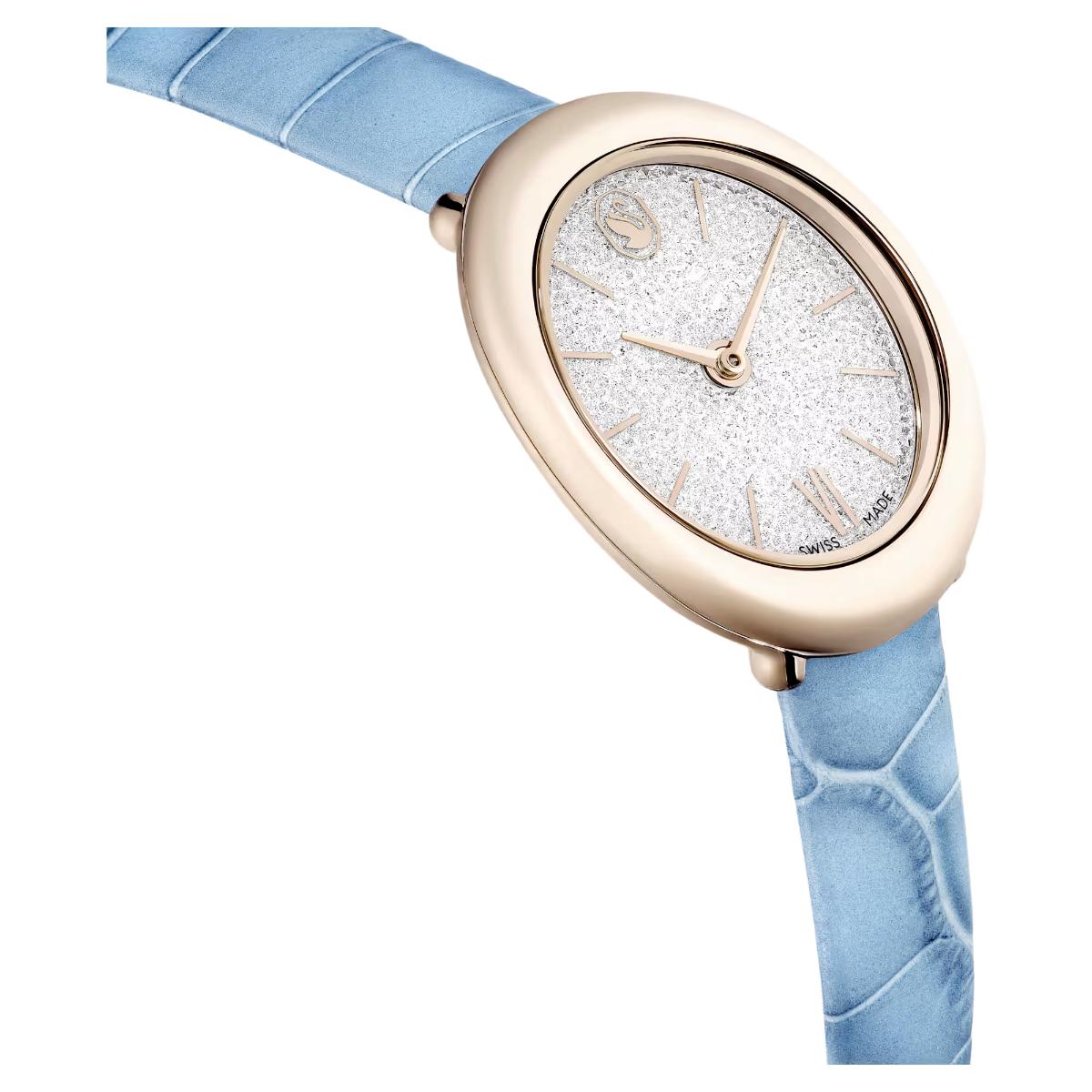 Wristwatch with rose gold case and light blue strap on a white background
