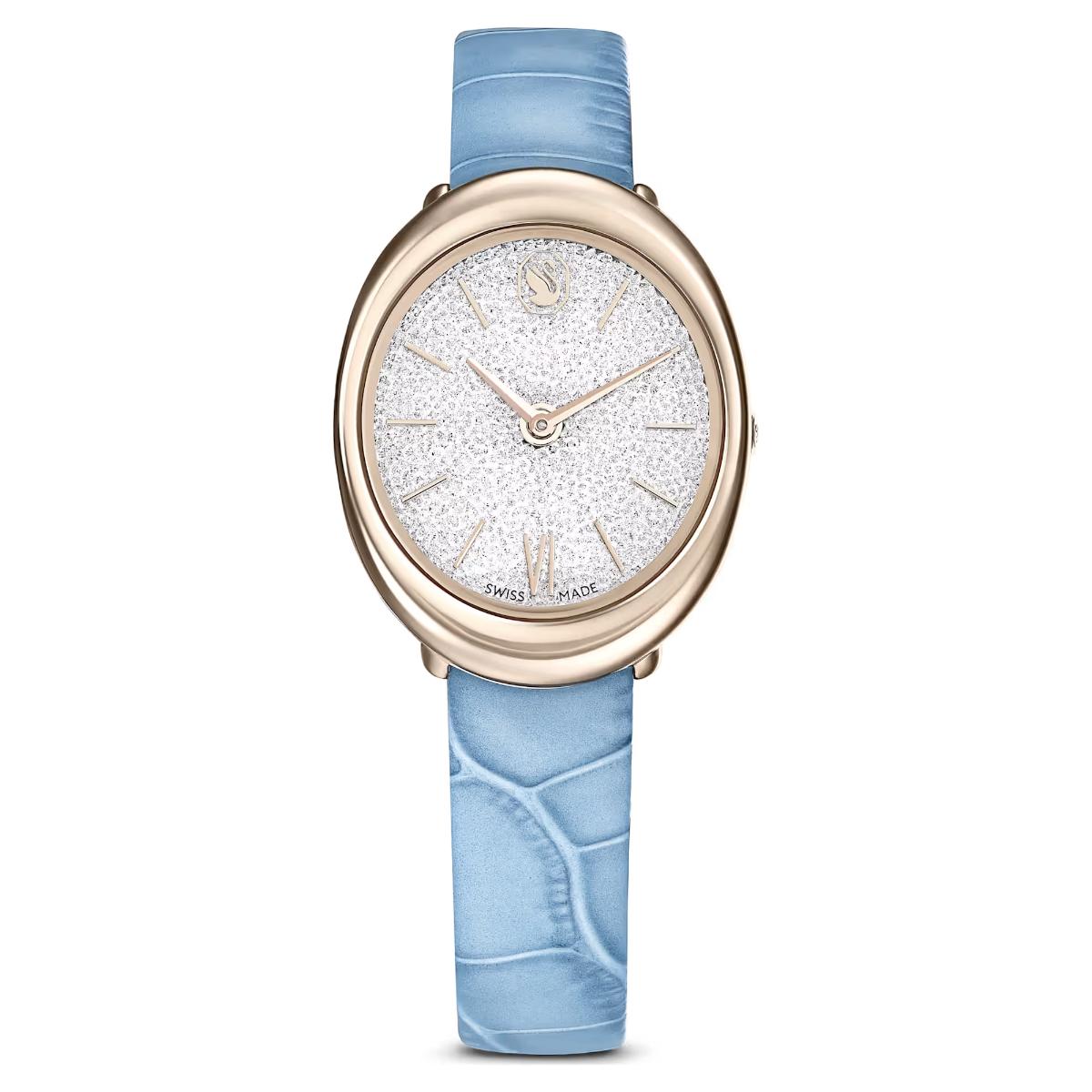 Wristwatch with blue strap and rose gold case on white background