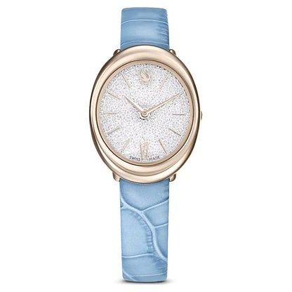 Wristwatch with blue strap and rose gold case on white background