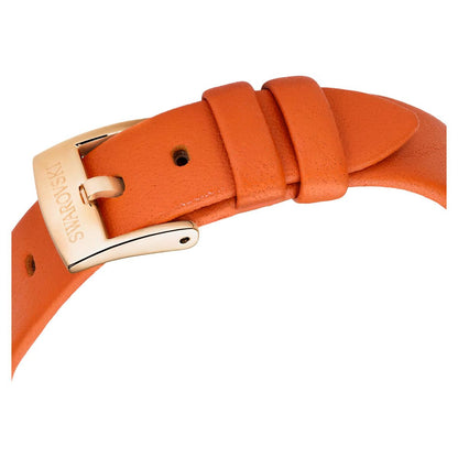 Orange watch strap with gold buckle on a white background