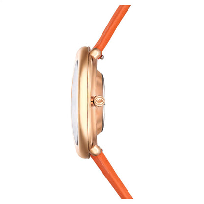 Wristwatch with rose gold case and orange strap on a white background