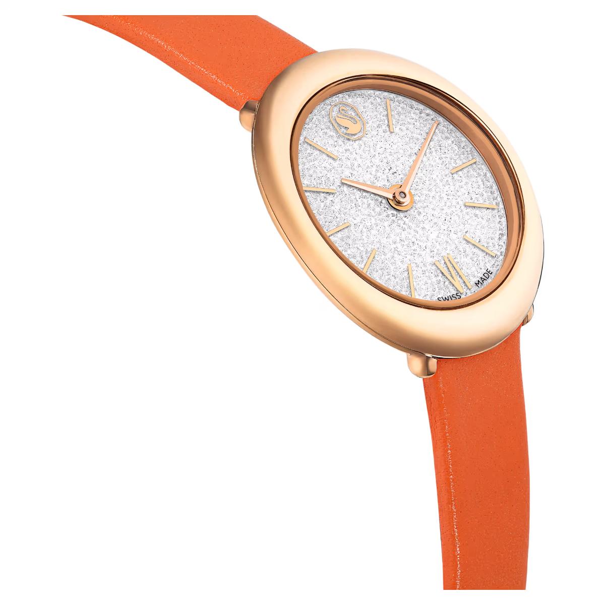 Wristwatch with orange strap and rose gold case on white background