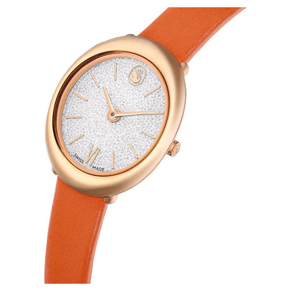 Wristwatch with rose gold case and orange leather strap on a white background