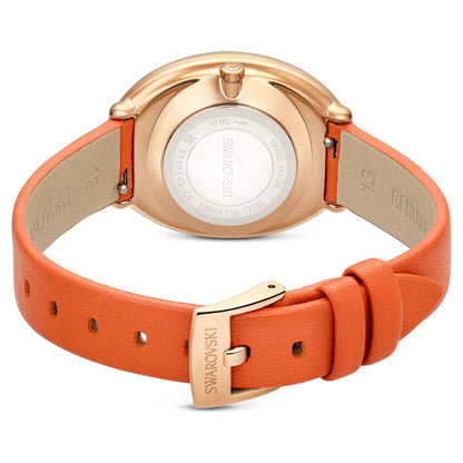 Orange watch with rose gold case and strap on a white background