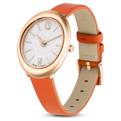 Wristwatch with rose gold case and orange leather strap on a white background