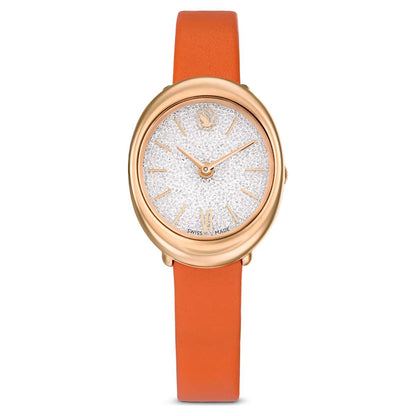 Watch with rose gold case and orange strap on a white background