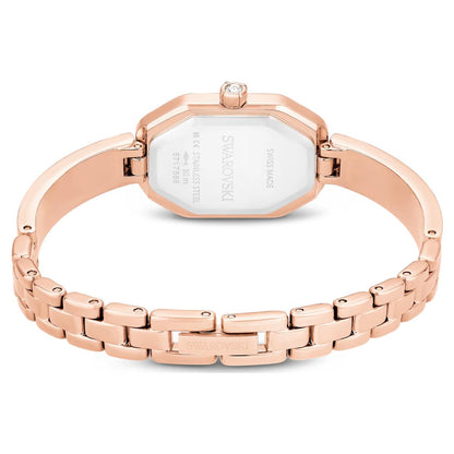 Rose gold watch with a white face on a white background