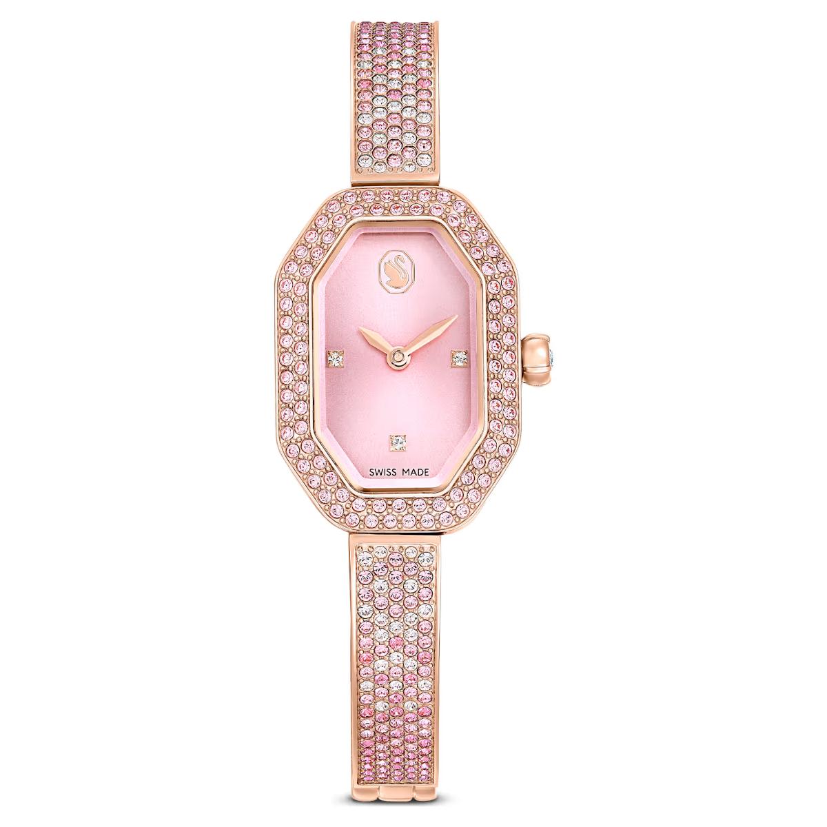 Pink watch with gemstone accents on a white background