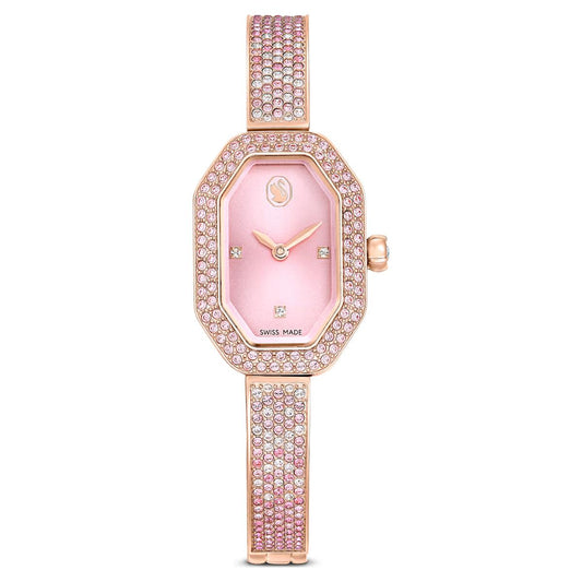 Pink watch with gemstone accents on a white background