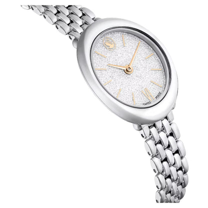 Silver watch with a white face on a white background