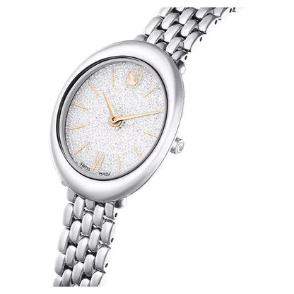 Silver watch with a white face on a white background