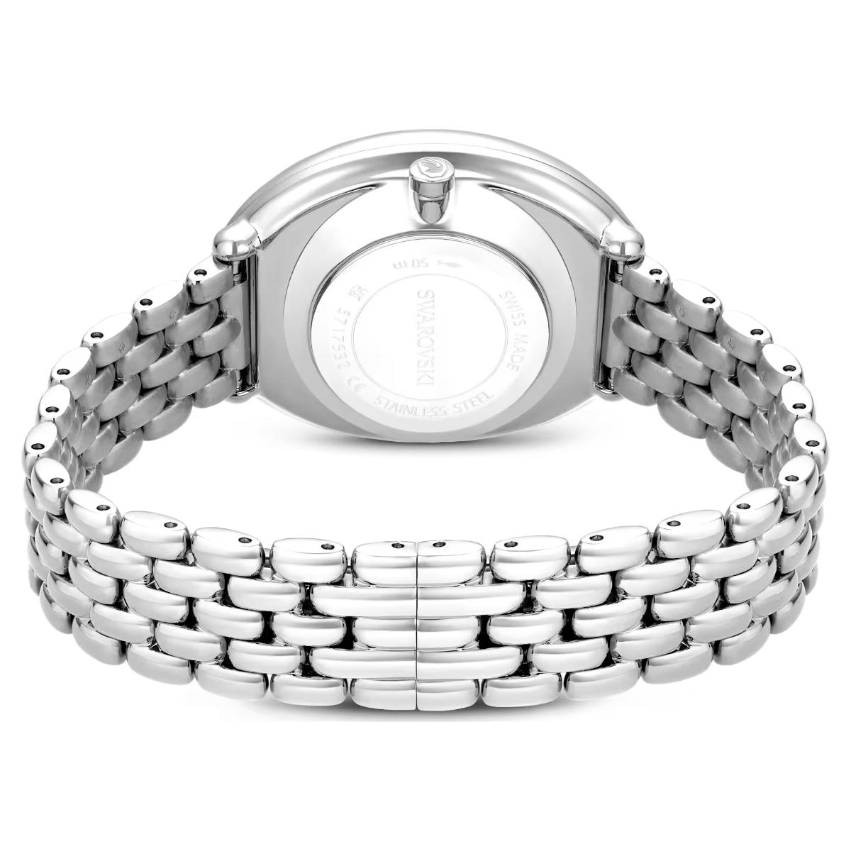 Silver watch with a woven metal strap on a white background
