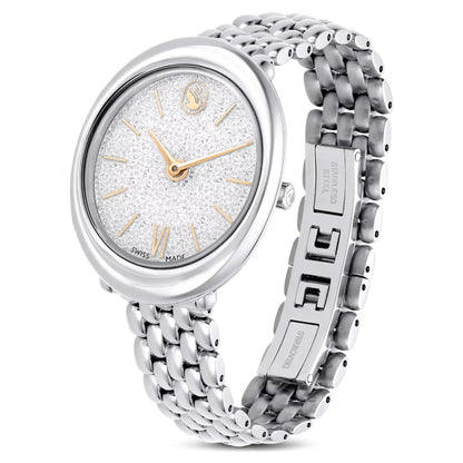 Silver watch with a detailed face on a white background