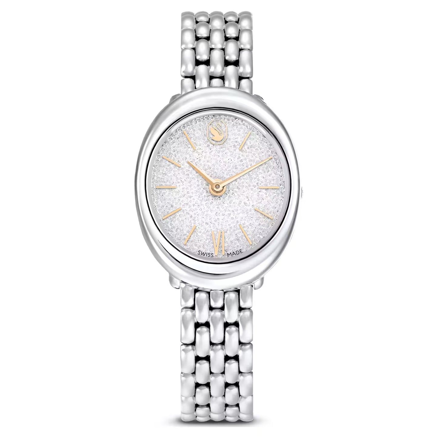 Silver watch with a glittery face on a white background