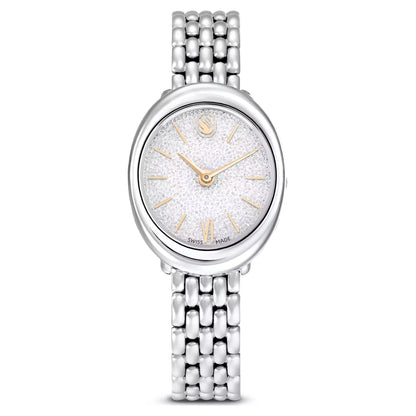 Silver watch with a glittery face on a white background