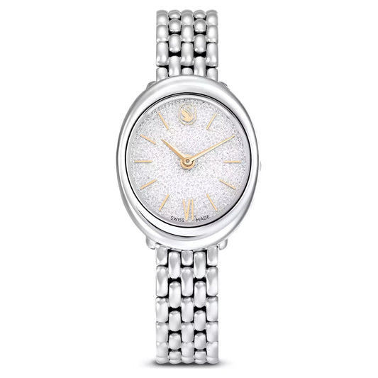 Silver watch with a glittery face on a white background
