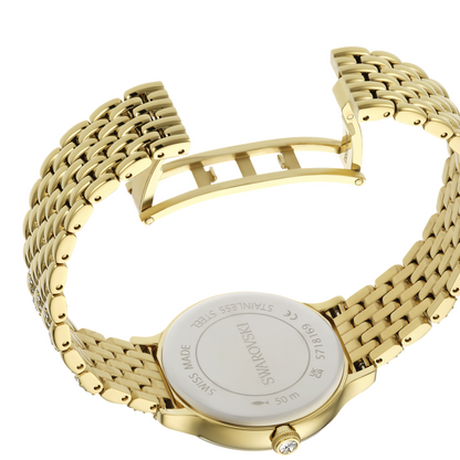 Gold watch with a detailed face on a white background