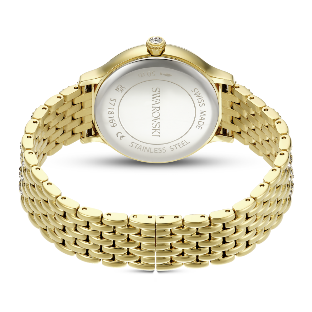 Gold Swarovski watch on a white background