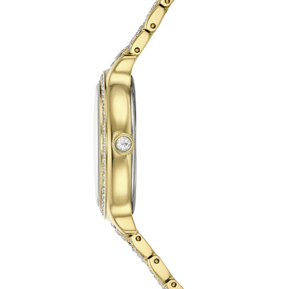 Gold watch with diamond accents on a white background