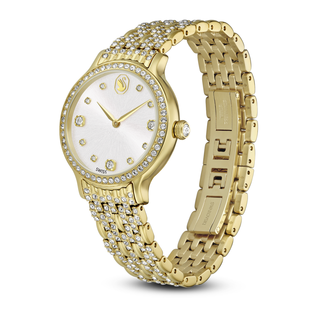 Gold wristwatch with diamond-studded bracelet on a white background