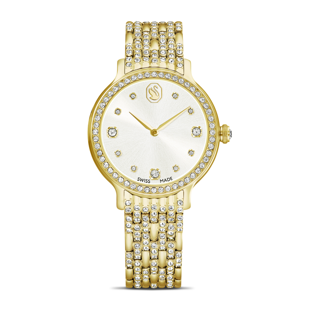 Gold wristwatch with diamond-studded band on a white background
