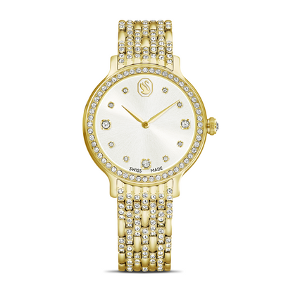 Gold wristwatch with diamond-studded band on a white background
