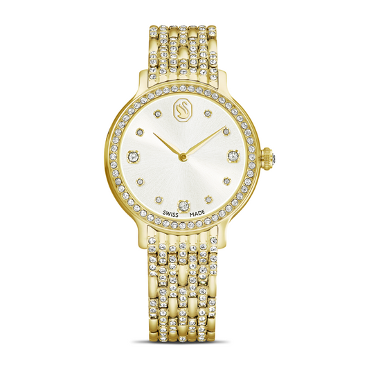 Gold wristwatch with diamond-studded band on a white background